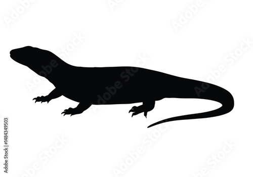 Reptile silhouette. This image is a black silhouette of a reptile, possibly a monitor lizard or similar scaled creature. Vector clipart illustration design.