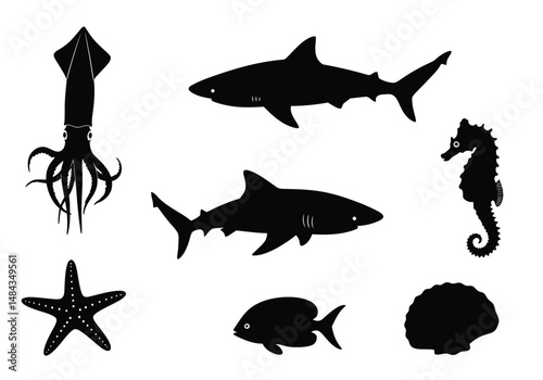 Sea creatures silhouette. This image is a black silhouette of various marine animals, including sharks, squids, and starfish, representing the ocean life. Vector clipart illustration design.