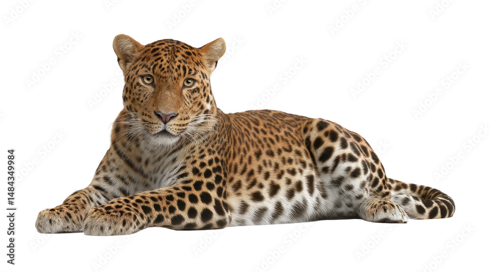 Fototapeta premium Leopard lying down isolated on a transparent background