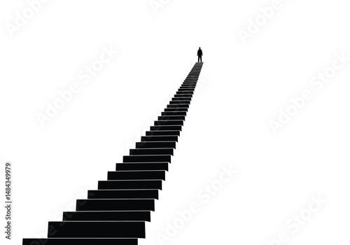 Stairway to heaven silhouette. The image depicts a black silhouette of stairs leading upwards to a figure at the top, symbolizing a journey or ascent. Vector clipart illustration design.