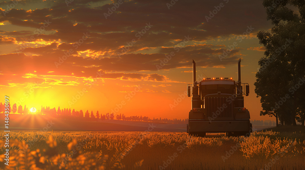 Fototapeta premium A semi truck parked in a field with a vibrant sunset and trees in the background at golden hour