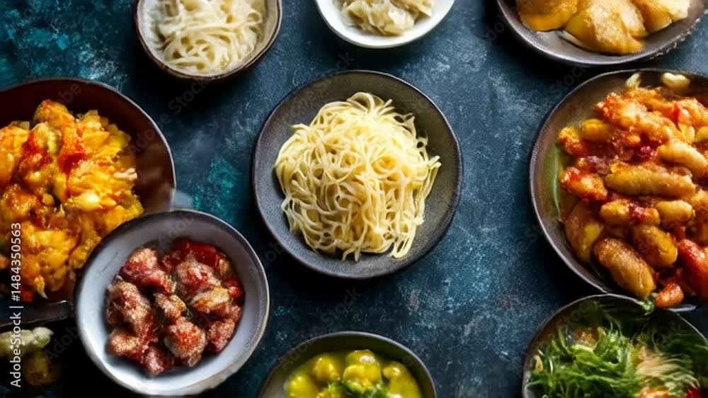 Overhead View of Various Colorful Asian Dishes Noodles Curries Stir Fries in Bowls Dark Blue Marble Background Perfect for Diverse Food Options Menu Presentations