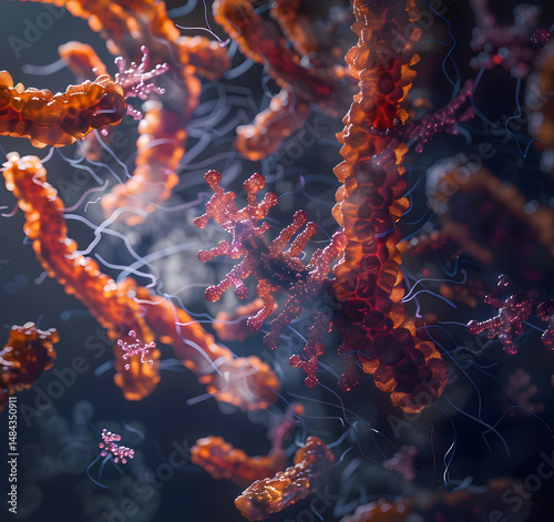 Swirling Microscopic Stream of Reddish Biological Forms and Fine Particles