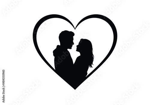Valentines day silhouette. This image is a black and white silhouette showing a couple embracing within a heart, symbolizing Valentine's Day and romantic love. Vector clipart illustration design.