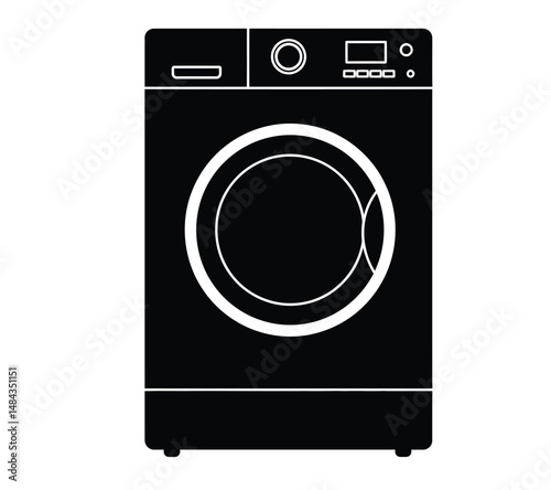 Washing machine silhouette. This image is a black silhouette of a front-loading washing machine, a household appliance for cleaning clothes. Vector clipart illustration design.