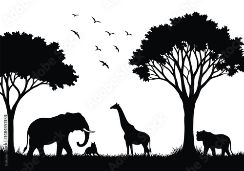 Zoo silhouette. This image is a black silhouette depicting various zoo animals like an elephant, giraffe, lion, and monkey, with trees and birds. Vector clipart illustration design.