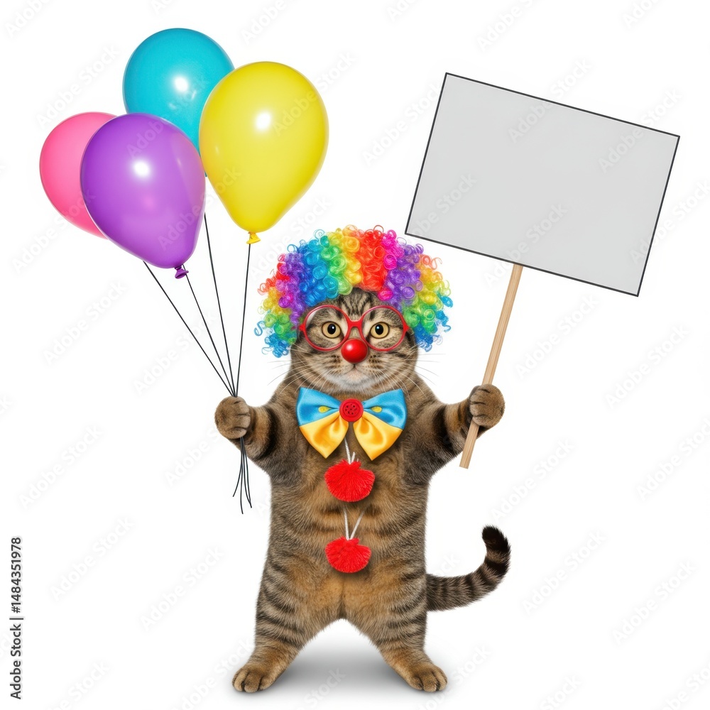Naklejka premium Adorable Cat Clown Holding Balloons and Blank Sign: A Festive and Playful Image