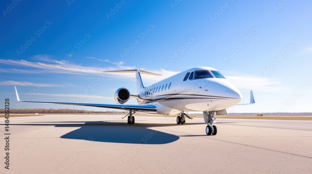 Obraz premium A glossy airplane with panoramic windows on a polished runway, angled shot, copy space on the left, luxurious ad vibe