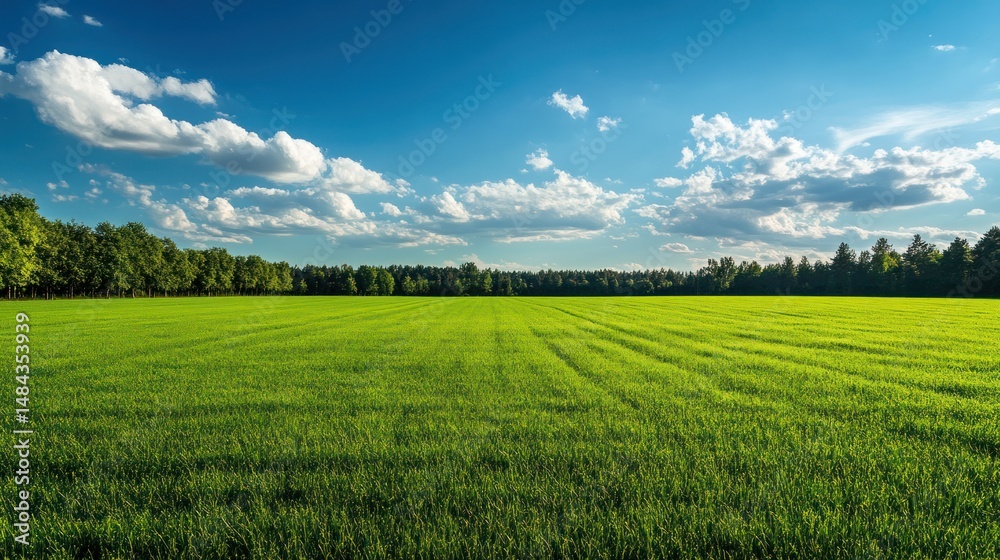 Fototapeta premium Serene Summer Meadow: A Vibrant Green Field Under a Blue Sky
