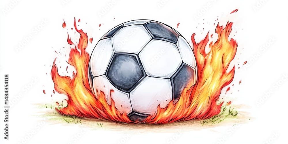 Fototapeta premium Dynamic soccer ball with fire flames sketch. Intensity and energy in a vibrant sports concept. Action, competition, passion, and motion in black, white, red, orange. Illustration for game, win, team.