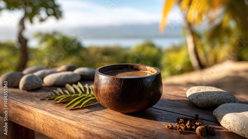 A traditional kava bowl resting on a wooden surface, surrounded by small stone slabs and tropical leaves