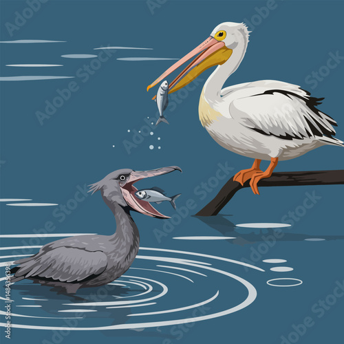Pelican and Shoebill Catching Fish in Water Illustration