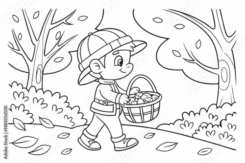 Coloring Page Outline Of cartoon little boy with a basket for mushrooms in the forest. Coloring Book for kids