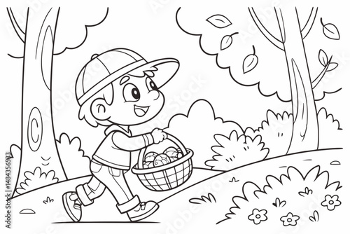 Coloring Page Outline Of cartoon little boy with a basket for mushrooms in the forest. Coloring Book for kids