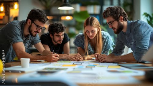Group of Diverse Young Adults Collaborating and Brainstorming Together at a Modern Office Table Du a Creative Team Meeting and Discussion
