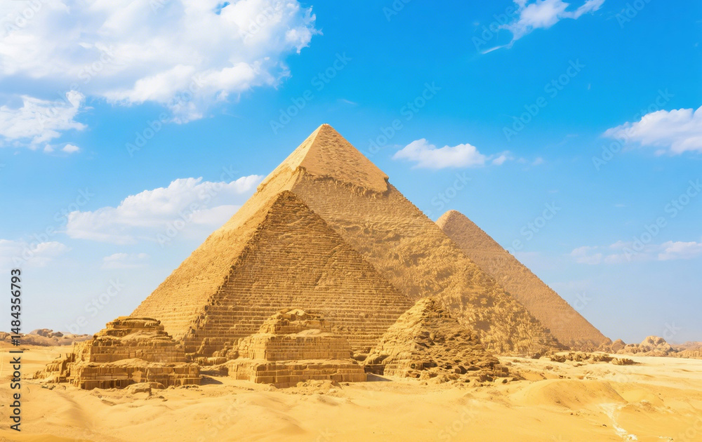 Majestic Giza Pyramids in Desert Under Clear Blue Sky Majestic Giza Pyramids in Desert Under Clear Blue Sky