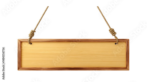 Wooden sign hanging from ropes isolated on a transparent background