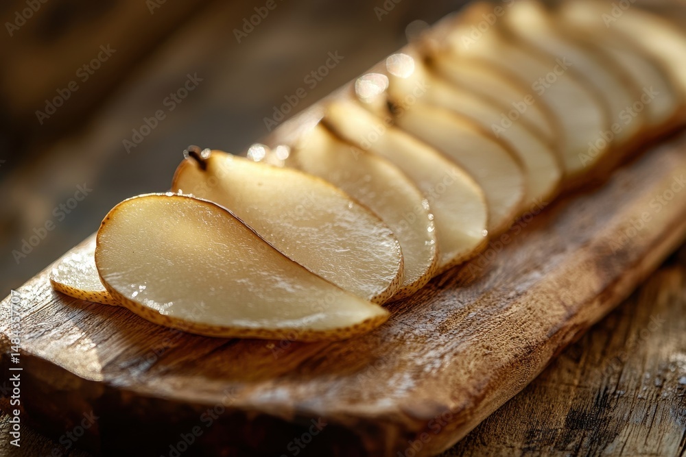 Fototapeta premium Thinly sliced pears arranged on rustic wooden board