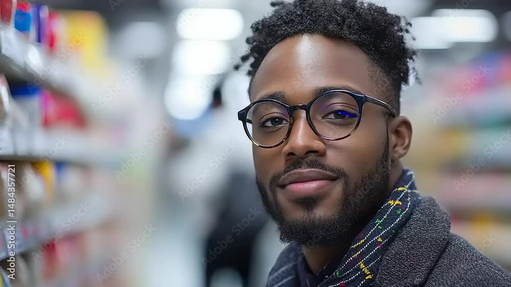 Man in eyeglasses, smiling in a grocery store Man in eyeglasses, smiling in a grocery store