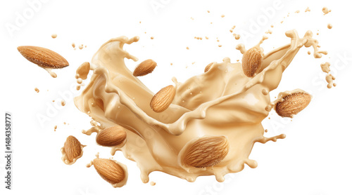 Almonds splashing into beige liquid isolated on a transparent background