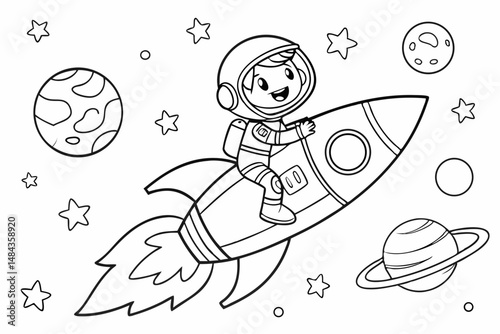 Cute Astronaut Riding Rocket Cartoon Vector Illustration. Coloring page of astronaut in space. Black and white vector illustration for coloring book
