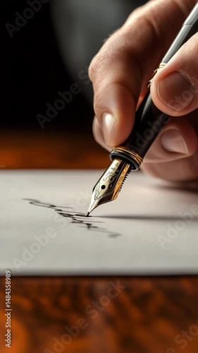 A person is writing with a fountain pen on a piece of paper. The writing appears to be a letter, and the pen is black and gold. Concept of formality and elegance