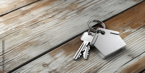 Metal keys and keychain with house tag resting on weathered wooden surface for real estate and home ownership themes
