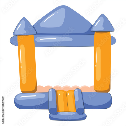 Bouncy inflatable castle. Tower and equipment for child playground. Vector flat cartoon illustration isolated on white background. Bouncy castles, trampoline for kids on playground in the park.
