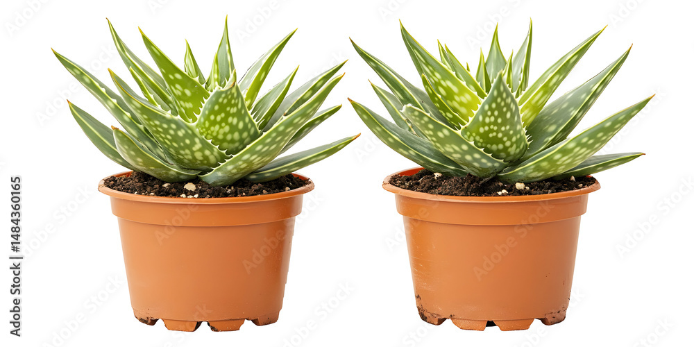 Obraz premium Twin potted aloe vera plants exhibiting succulent foliage on a black backdrop