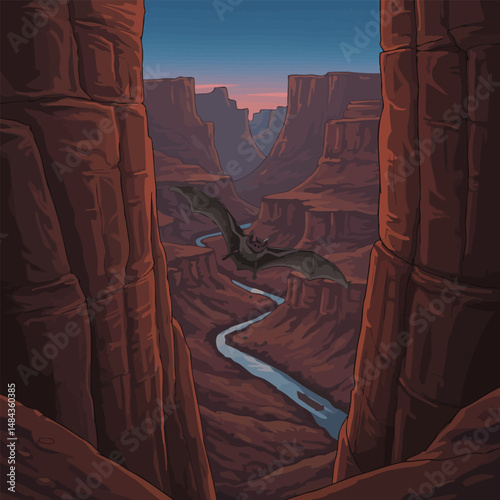 Bat Soaring Over Winding River in Canyon with Rocky Cliffs