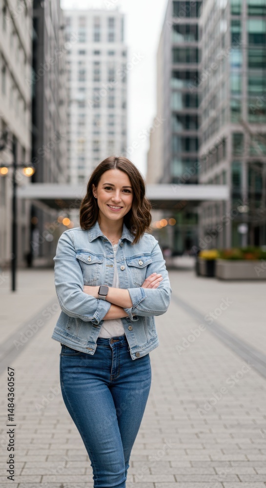 Fototapeta premium Confident Young Woman in Denim Jacket, City Street Portrait, Modern Urban Lifestyle, Casual Fashion