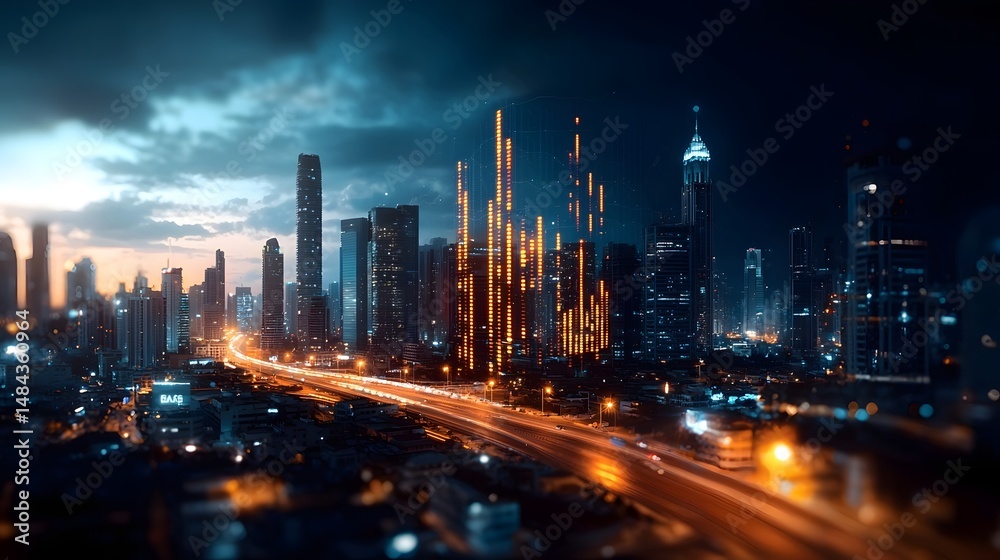 Fototapeta premium Conceptual image of a city skyline transforming into a vertical financial chart or graph