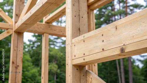 construction worker safety vest building process. Wooden structure under construction surrounded by greenery, showcasing craftsmanship and materials in a natural setting.