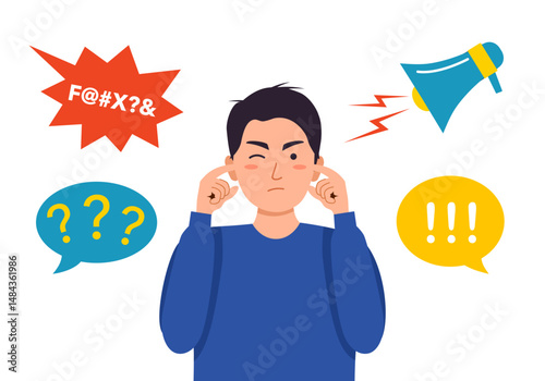 Young man with both hands covering ears to protect them from an uncomfortable, loud, annoying noise in flat design vector.