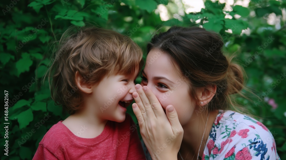 Joyful moment between a mother and her child in a lush garden during a sunny afternoon