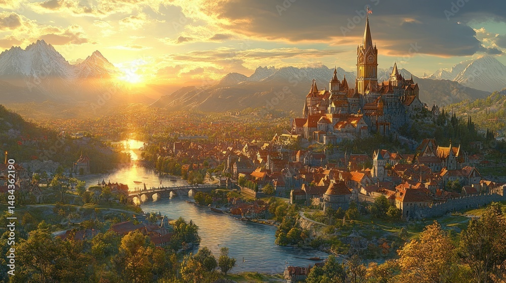 Fototapeta premium Golden hour fantasy city nestled in valley. Mountain range, castle, river, and colorful buildings at sunset