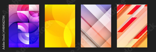 Four abstract designs featuring various shapes and colors suitable for backgrounds, graphic design, invitations, and wall art prints.