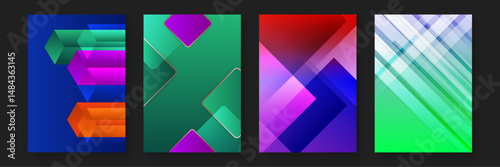 Abstract geometric designs in green, red and blue. Suitable for packaging, backgrounds, and digital designs needing modern and vibrant elements.