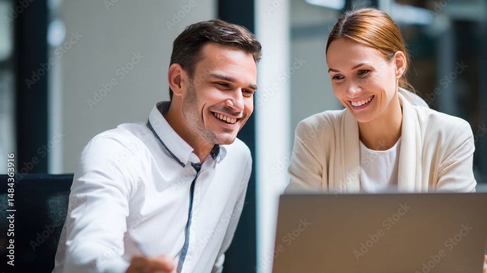 Obraz premium Happy young businessman in formalwear working with female colleague in office. Smiling businessman looking at camera, talking with colleague. Teamwork concept