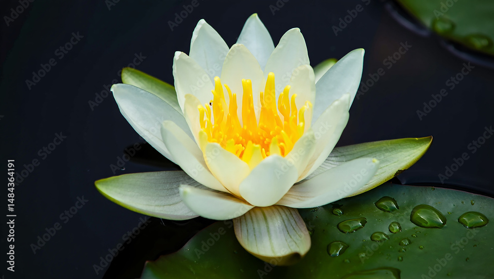 Delicate white water lily flower blooming on pond surface with lush green lily pad Delicate white water lily flower blooming on pond surface with lush green lily pad