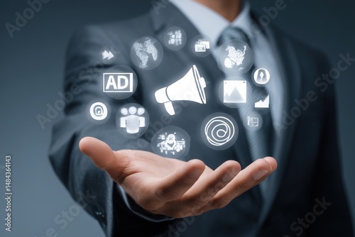Advertising and public relations, PR, Businessman holding advertising icons, Marketing strategies with digital tools to target social media. Strategic marketing, Campaigns, AD, Sales, SEO.