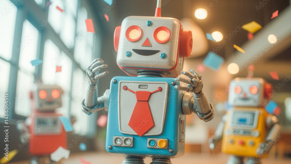 Fototapeta premium Playful Retro Robots with Colorful Confetti in Bright Indoor Environment
