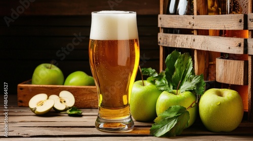 A tall glass of refreshing cider with frothy foam sits on a rustic wooden table surrounded by fresh green s and a crate of bottled beverages. photo