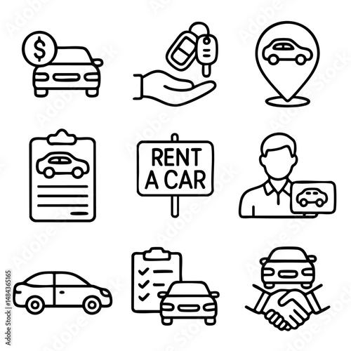 A set of doodle line icons representing car rental service, car booking, location, keys, documents, agreement, and checklist