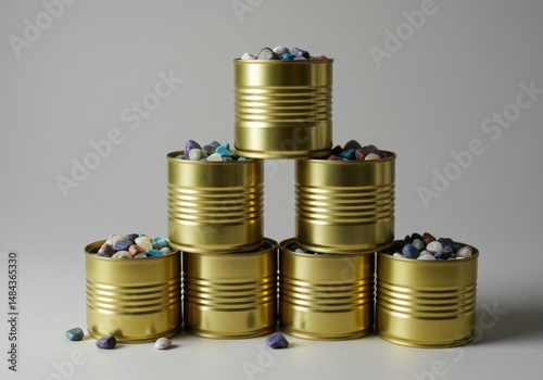 Stacked cans filled with stones isolated on white background.