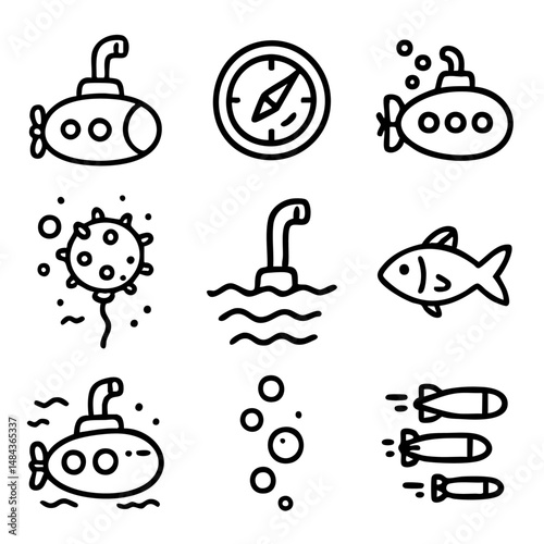A set of doodle line icons showing submarines, torpedoes, sonar, fish, bubbles, mines, periscope, compass, and underwater navigation