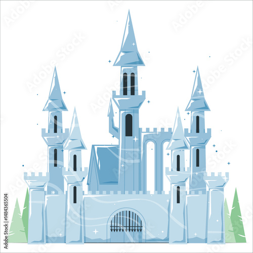 Illustration of an Ice Castle Shining in Blue. ice castle in snow mountains aerial view. Snow castle isolated on white background. Blue fairy ice castle. Vector
