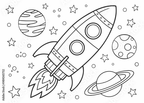 Coloring Page Outline Of cartoon Rocket with planets and stars