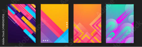 Four colorful geometric patterns suitable for backgrounds, textiles, packaging design, and digital projects needing playful and modern visuals.