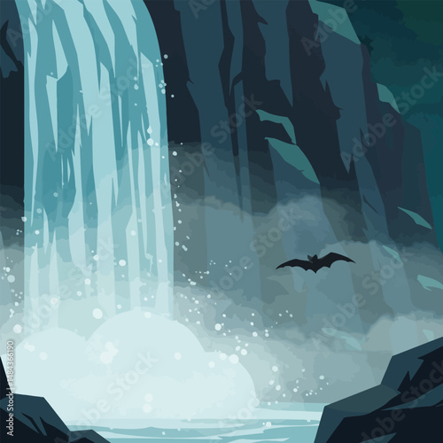 Waterfall Bat Silhouette Illustration with Dark Rock Cliff Environment